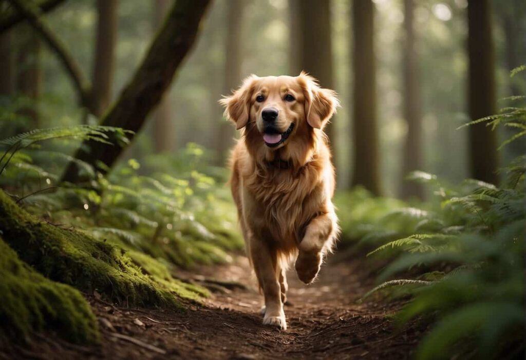 A front view of a golden retriever walking on a hiking trail