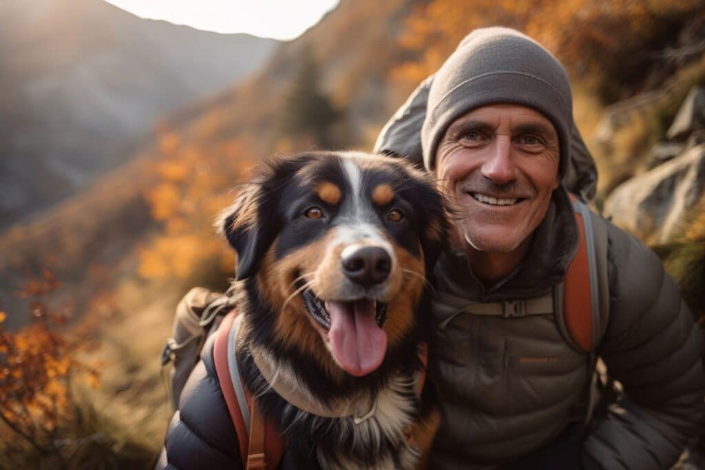 A person smiling with their hiking dog