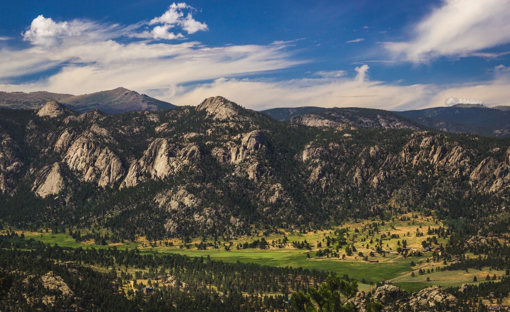 Scenic valley and snow-covered peaks under a blue sky with clouds in Estes Park, Colorado near the Rocky Mountain National Park