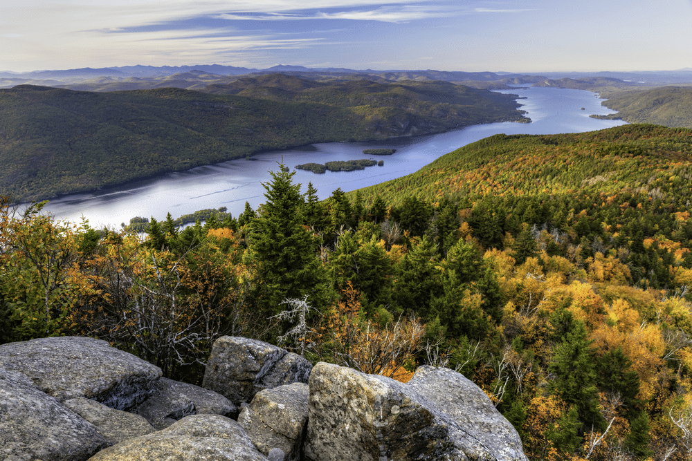 The Northern end of Lake George and the Tongue Mountain Range seen from a lookout on Black Mountain in the Adirondack Mountains of New York