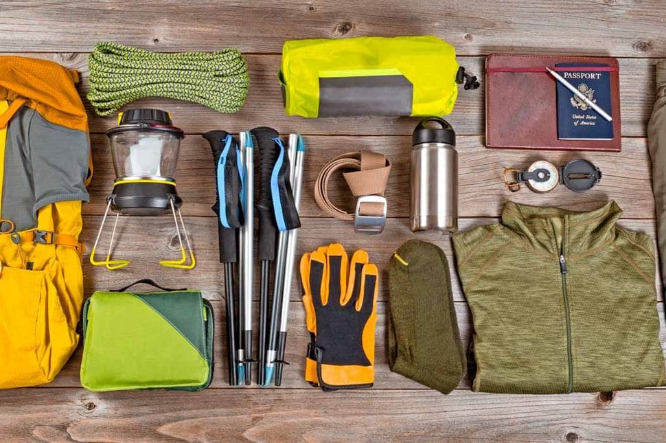 hiking gear belt gloves backpack shirt etc