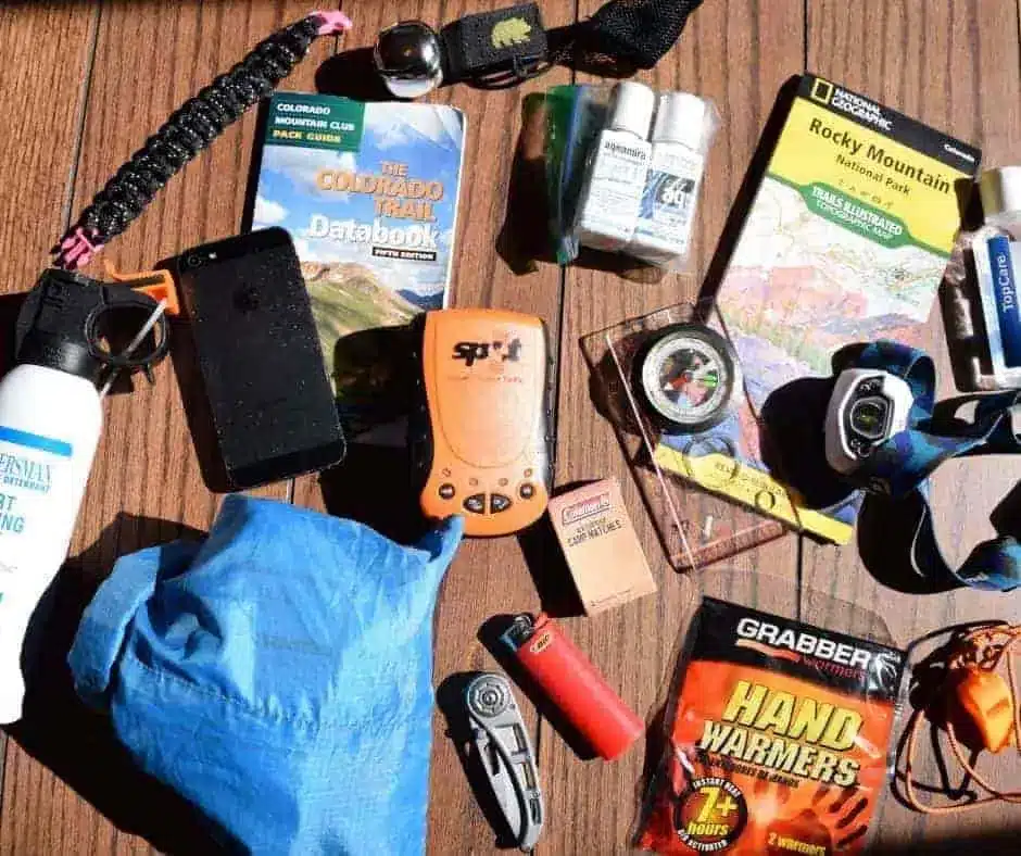 safety items placed on a wooden surface