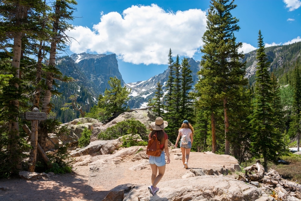 Girls Hikers On Summer Vacation Trip In The Mountains 