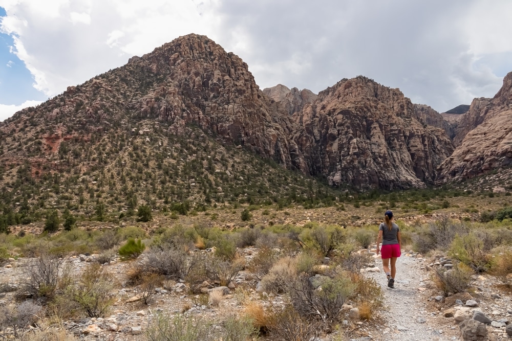 Woman on Ice Box Canyon Trailhead hiking path with scenic view of rugged Spring Mountain range