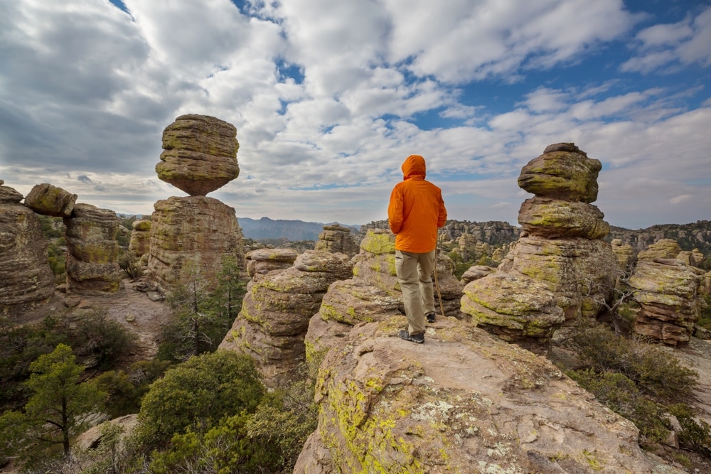 back of a man standing at Unusual Landscape At The Chiricahua National Monument Arizona Usa