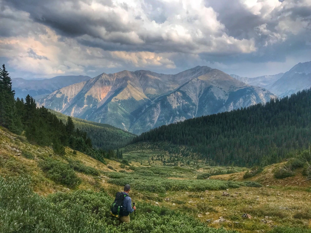 A man looks out over a valley near the base of Mount Elbert. Colorado. 