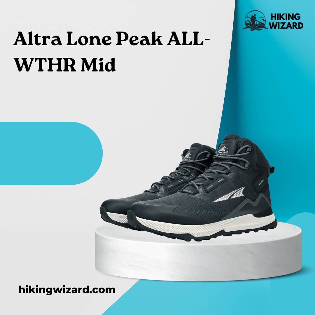 Altra Lone Peak ALL WTHR Mid isolated on a blue and white background