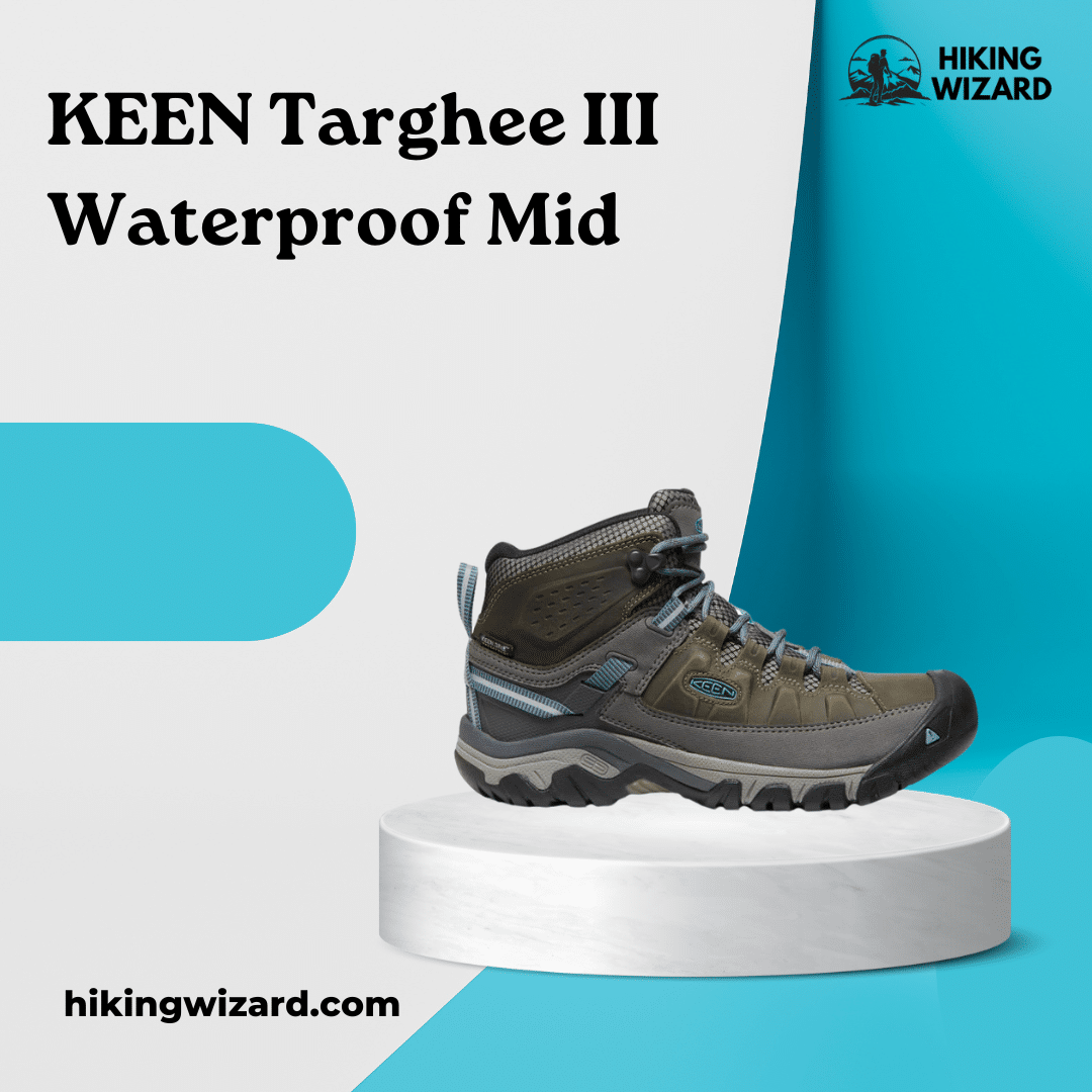 KEEN Targhee III Waterproof Mid isolated on a blue and white background ( )