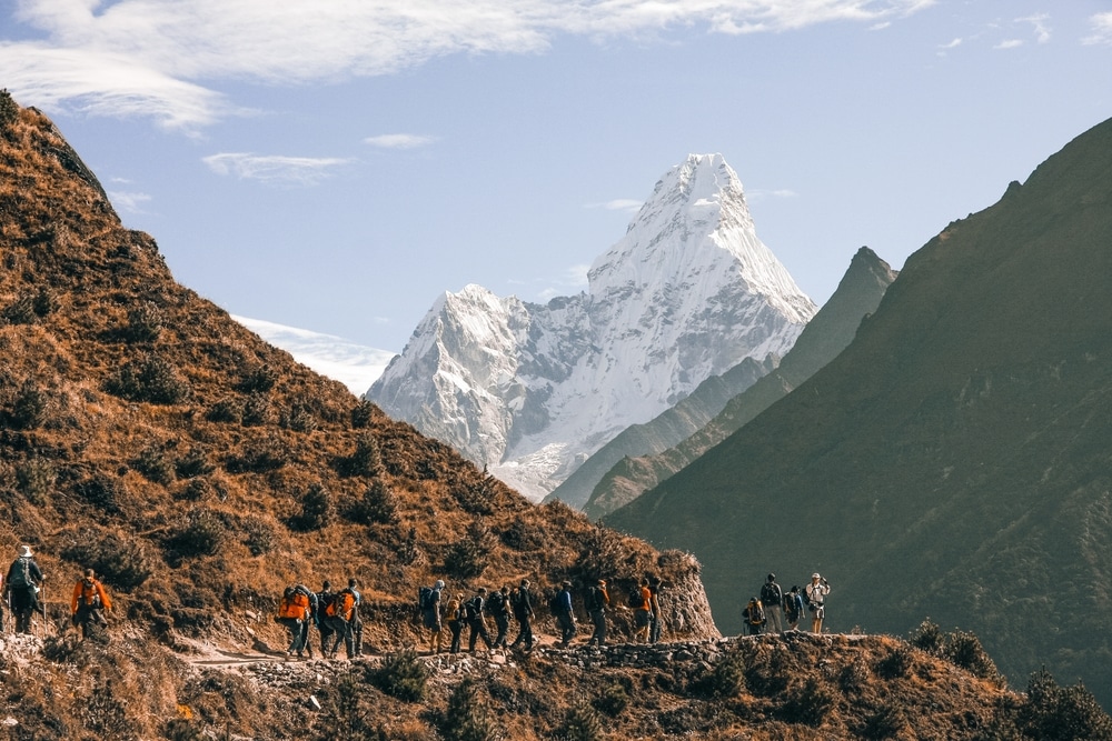 Landscape of Everest Peak captured on the way to Dingboche from Tengboche during Everest Base Camp trek, Nepal.