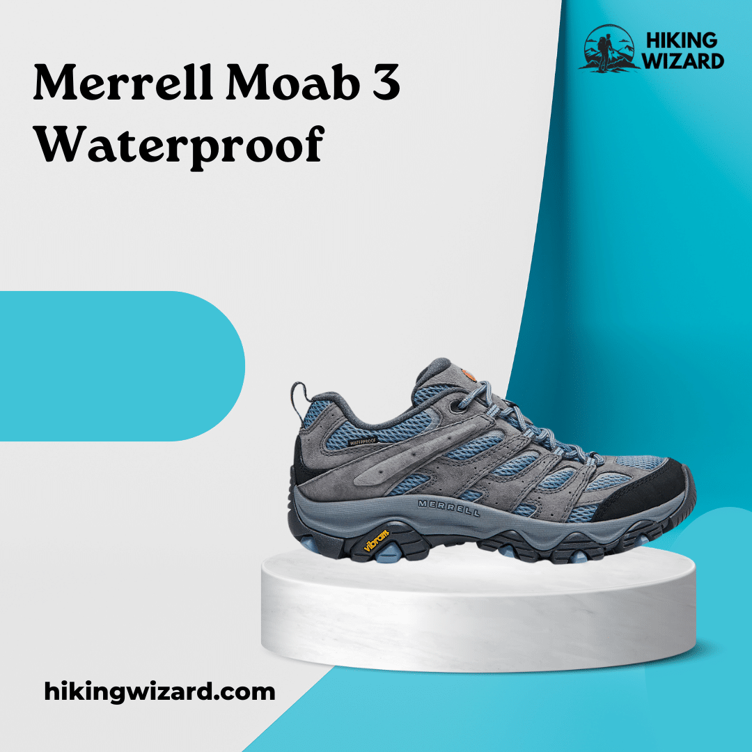 Merrell Moab Waterproof isolated on a blue and white background