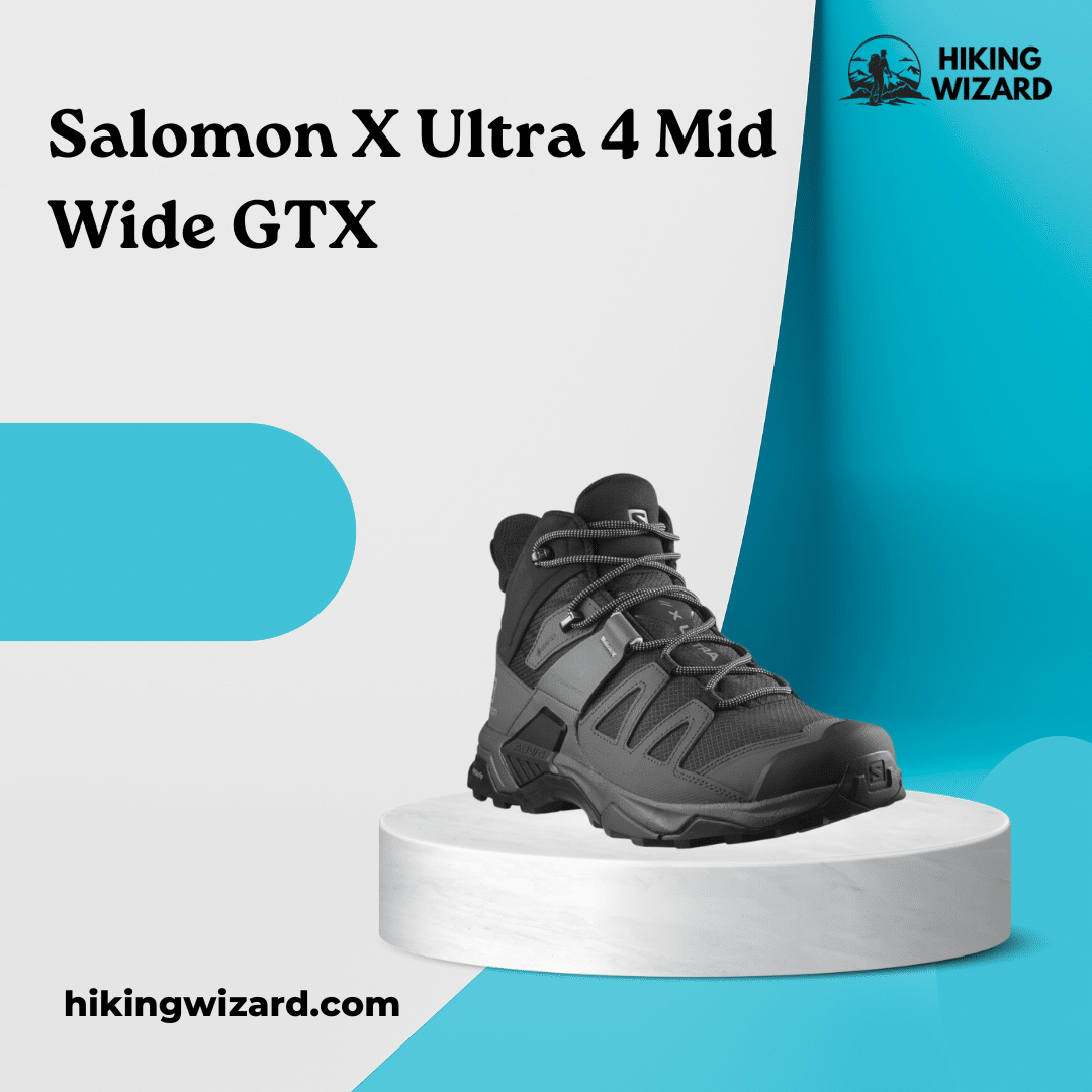 Salomon X Ultra Mid Wide GTX isolated on a blue and white background