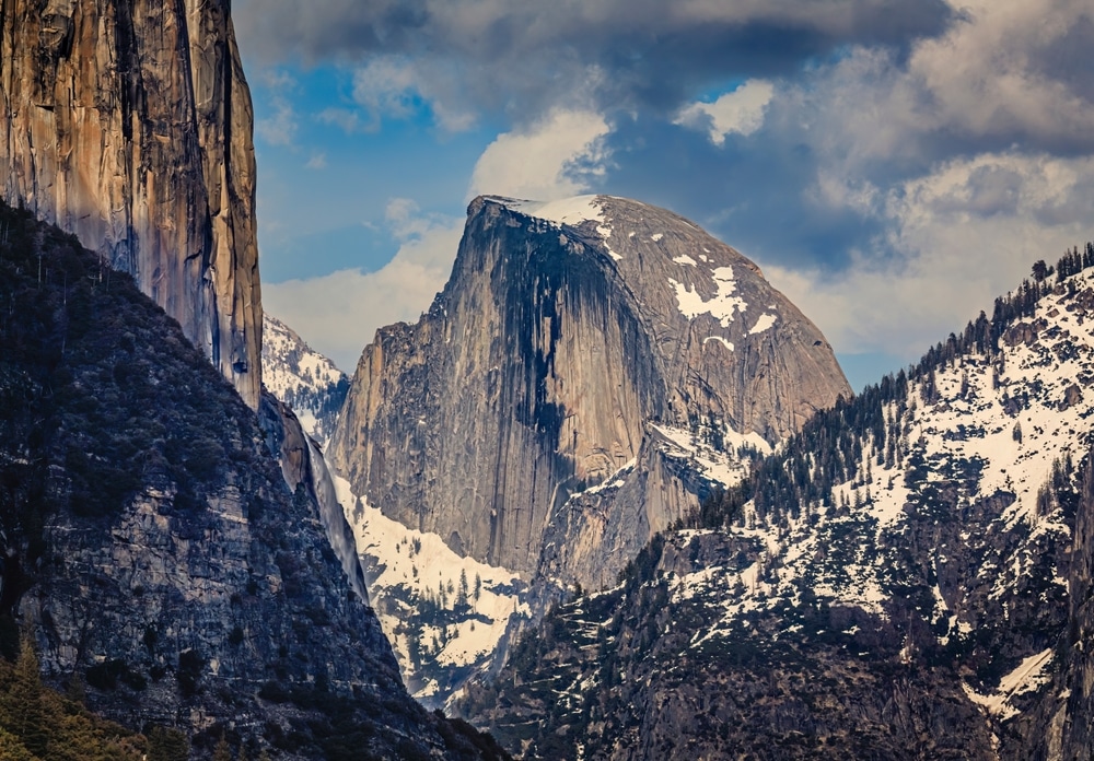 Scenic view of the famous Half Dome granite rock formation in the Yosemite National Park